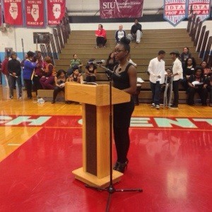 Brittany Kyles recites a poem for this years Black History Assembly.
