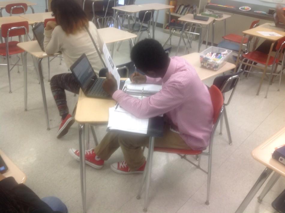 Sophomore Jacob Washington uses one of the new ChromeBooks to complete an English assignment.