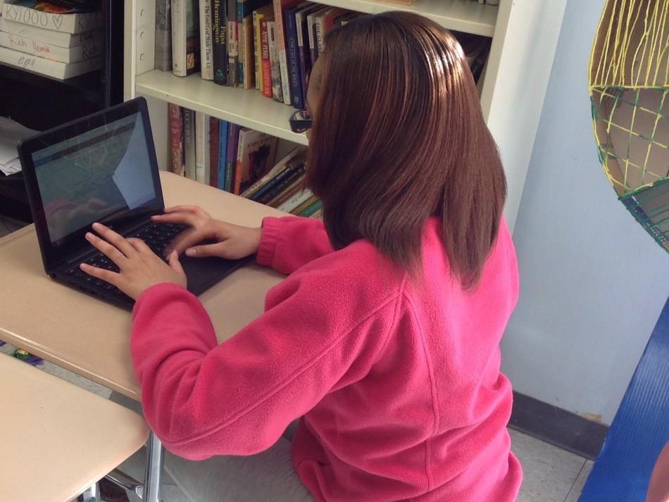 Jasmin Kruel, a sophomore, works on a ChromeBook during SSP.