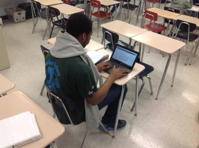 BiJahn Murril works on a Chromebook during his language arts class.